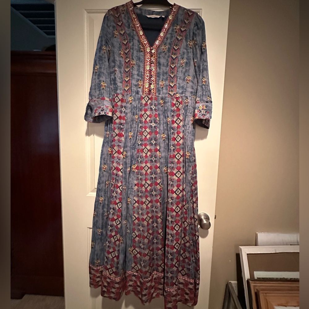 Soft Surroundings Blue Embroidered Boho Maxi Dress